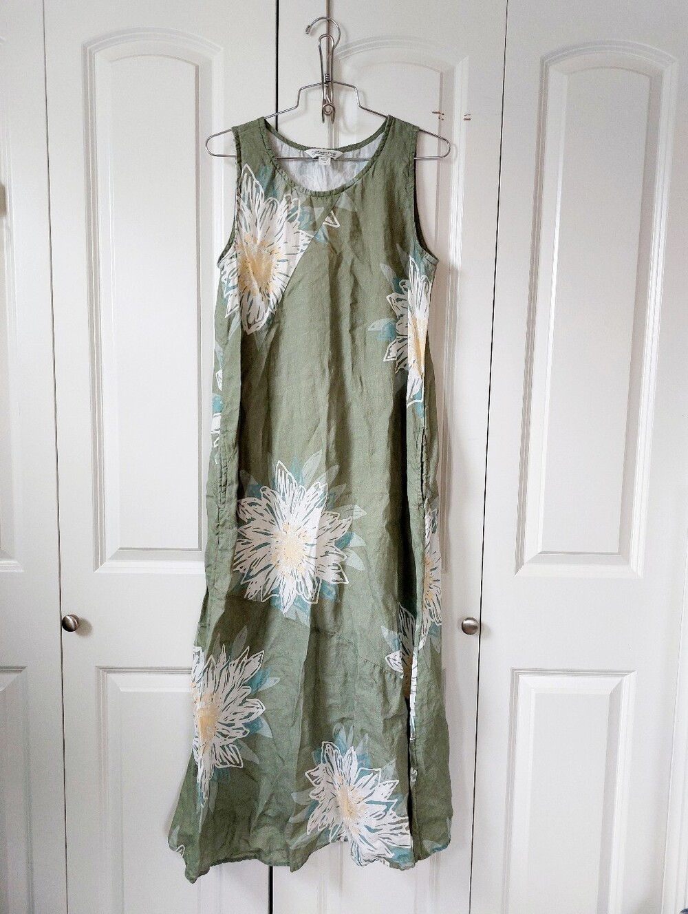 Green‎ Daisy Linen Maxi Dress sz 10 Cottagecore Prairie Chic Granny Teacher